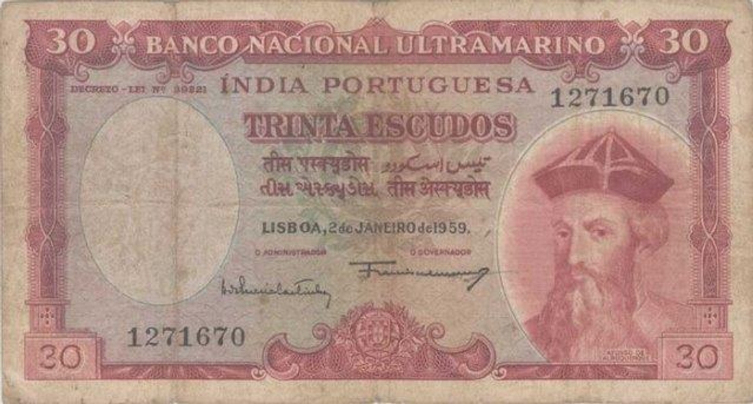 Thirty Escudos Bank Note of Portuguese India of 1959.