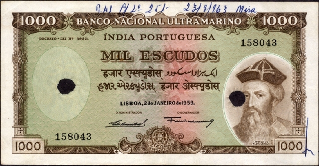 Cancelled Mil (One Hundred) Escudos Banknote of Banco Nacional Ultramarino of Portuguese India (Goa) of 1959.