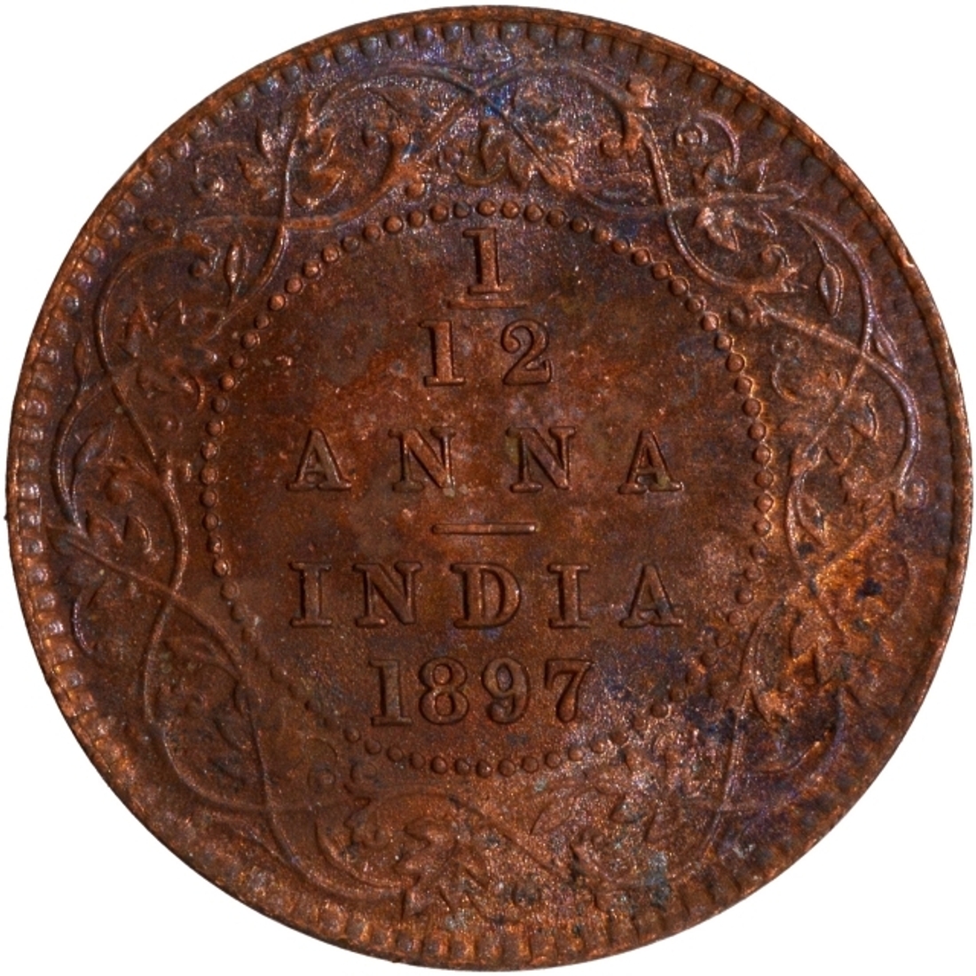 Uncirculated Copper One Twelfth Anna Coin of Victoria Empress of Calcutta Mint of 1897.