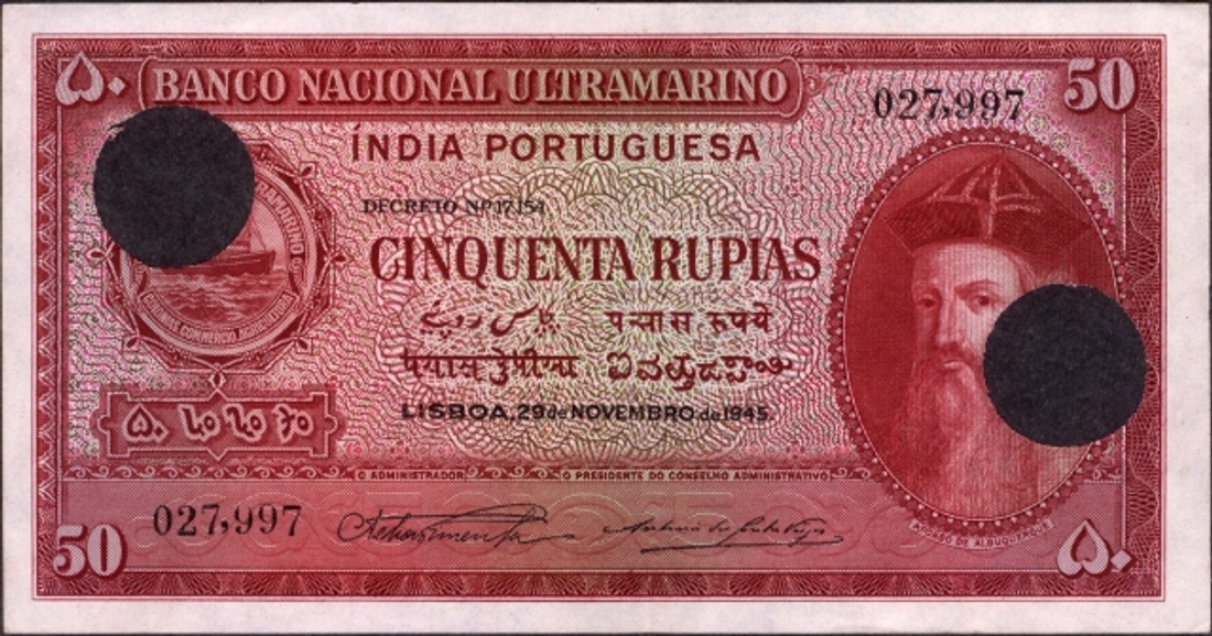 Cancelled Cinquenta (Fifty) Rupias Banknote of Banco Nacional Ultramarino of Portuguese India (Goa) of 1945.