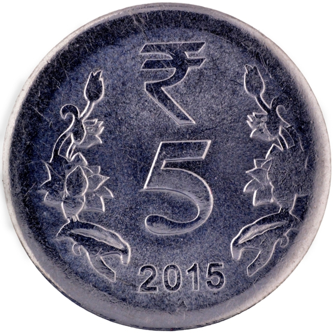 UNC Stainless Steel Five Rupees Coin of Republic India of 2015.