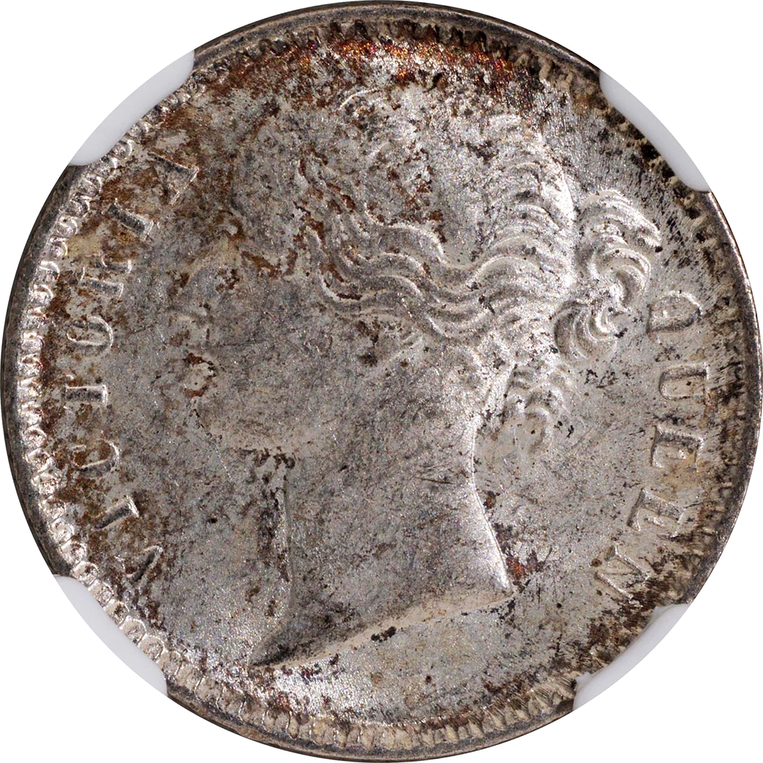 NGC MS 62 Graded Silver Quarter Rupee Coin of Victoria Queen of Calcutta Mint of 1840.