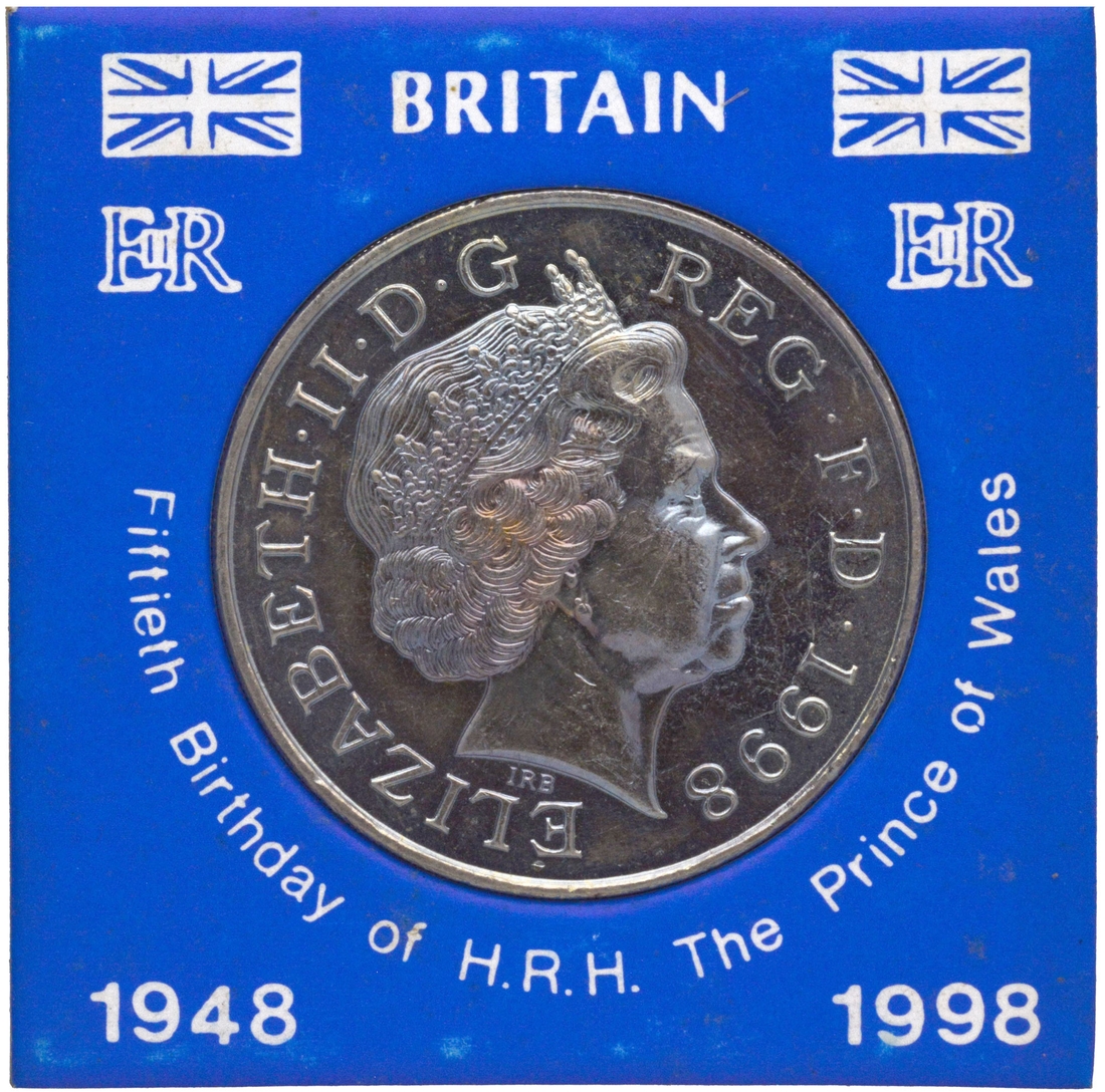 Copper Nickel Five Pounds Coin of 50th Birthday of Prince of Wales of 1998.