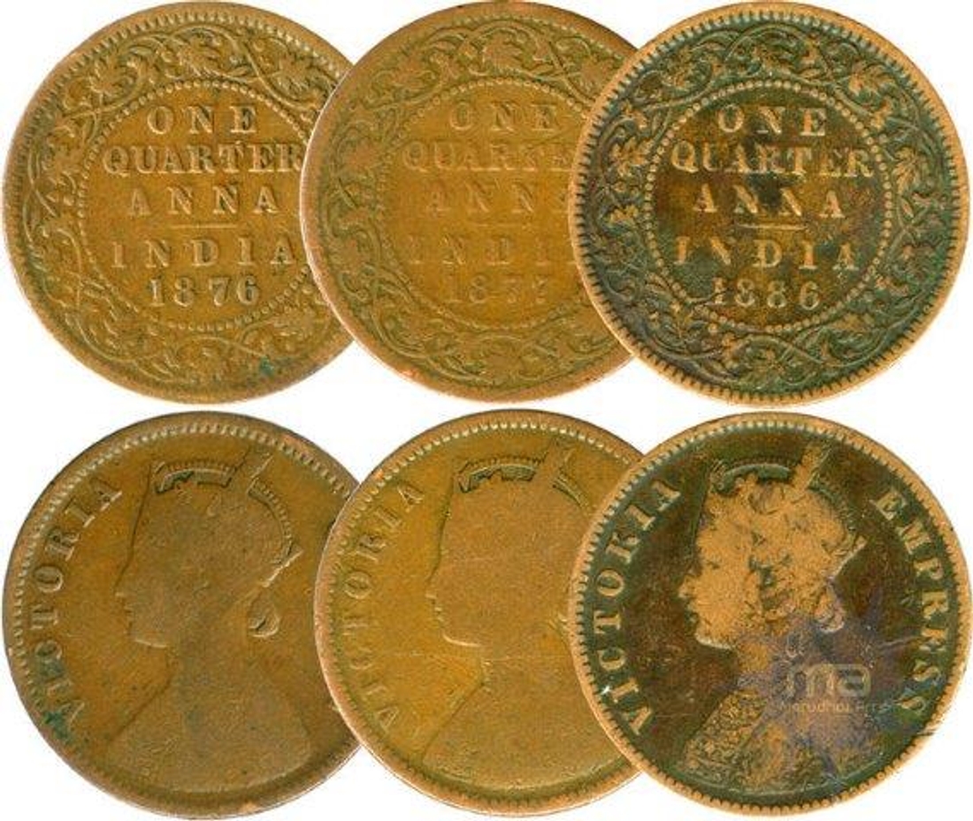 Copper One Quarter Anna Coins of Victoria Empress.