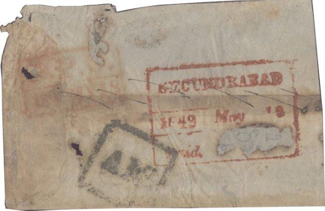 Postal Letter from Secundrabad of 1849 with dispatch  in 3 Red Line.