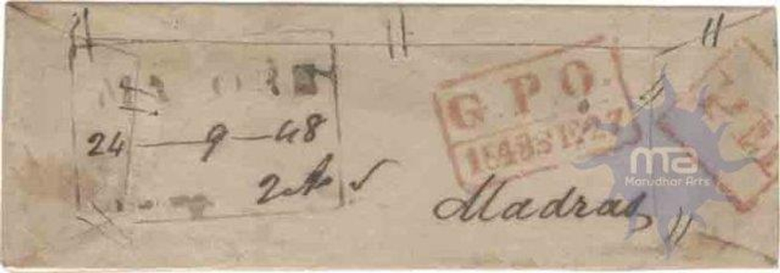 Postal Letter from Mysore  to Madras with 2 Line G.P.O. Red postmark date.