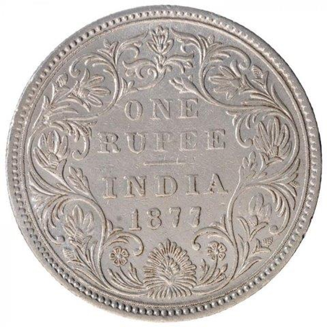 Silver One Rupee Coin of Victoria Empress of Bombay Mint of 1877.
