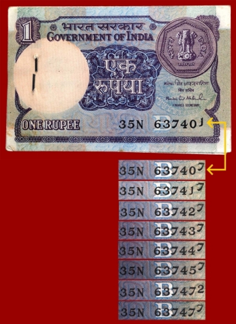 Dancing Serial Numbers Error One Rupee Bundle Signed by Montek Singh Ahluwalia of 1993.