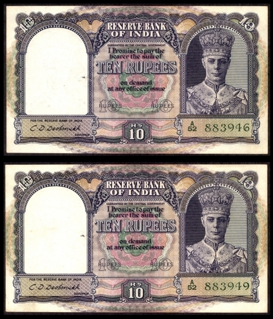 Ten Rupees Bank Notes of King George VI Signed by C.D. Deshmukh of 1944.