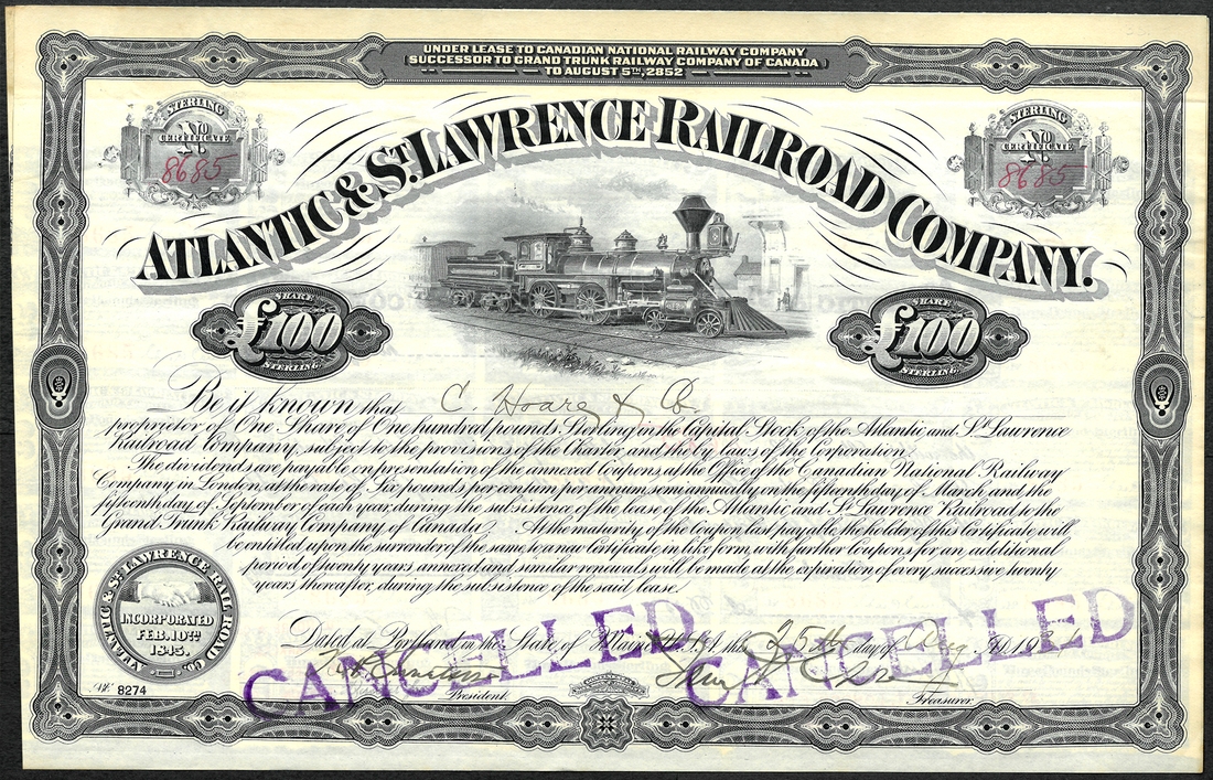Stock and Share Certificate of Atlantic and St. Lawrence Railroad Company of 1845 of Canada.