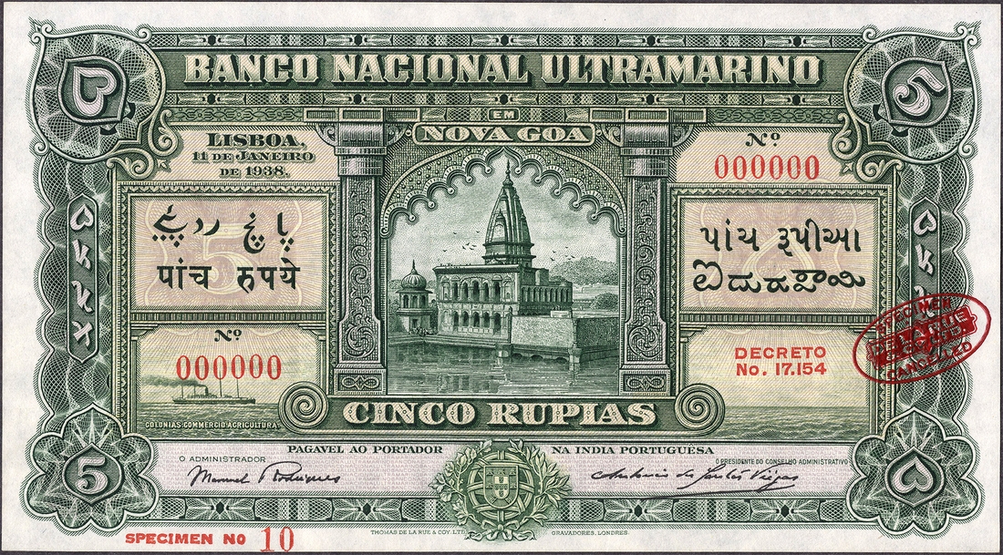 Specimen Cinco Rupias Banknote of Banco Nacional Ultramarino of Indo Portuguese of 1938.