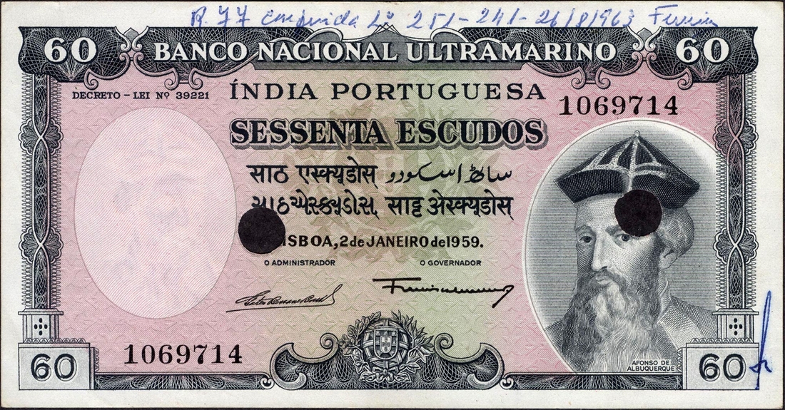 Specimen Sessenta (Sixty) Escudos Banknote of Banco Nacional Ultramarino of  Portuguese India (Goa) of 1959.
