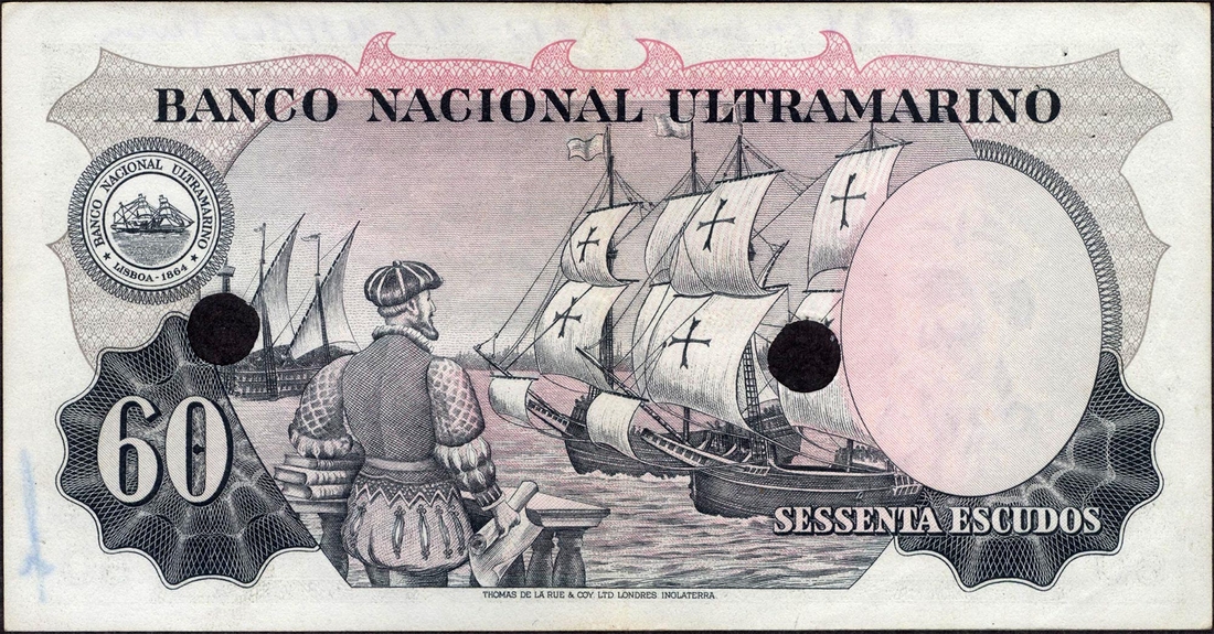 Specimen Sessenta (Sixty) Escudos Banknote of Banco Nacional Ultramarino of  Portuguese India (Goa) of 1959.