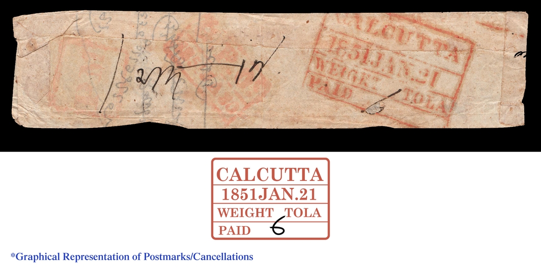 Pre Stamp Cover of 1851 of 6 Annas from Calcutta to Madras with Red Postmark of Weight Tola type.