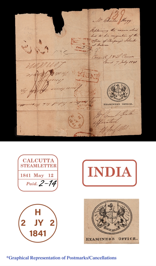 Extremely Rare Steamer Letter from Calcutta to London in 1841, An extremely unusual label of EXAMINER   s OFFICE.