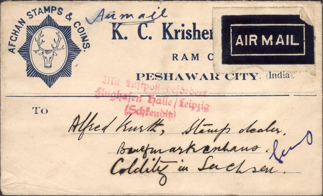 A Rare Air Mail Cover dispatched PESHAWAR to LEIPZIG, interesting cover of Stamps Dealer Advertisement.