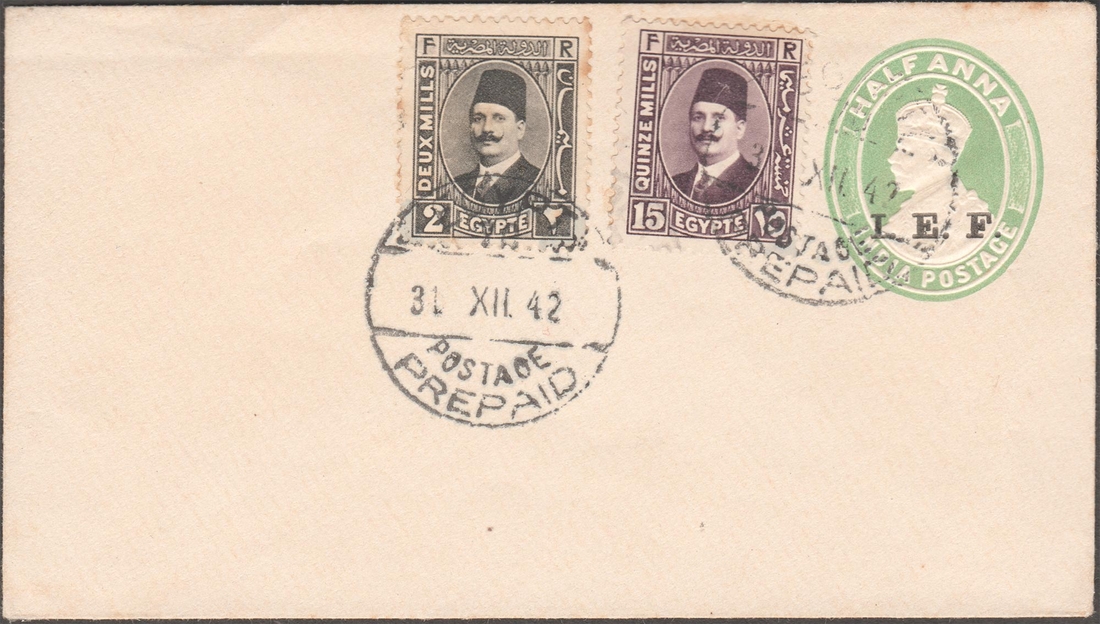 Unused I.E.F overprinted on KGV Half Anna Green Cover as India Used Abroad by EGYPT with tied of 2 stamps of  King Faud I