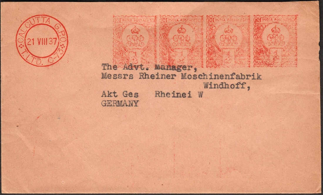 Meter Franking Cover of KGV 1937 with 7 Franking of G.R.I. of Half Anna.