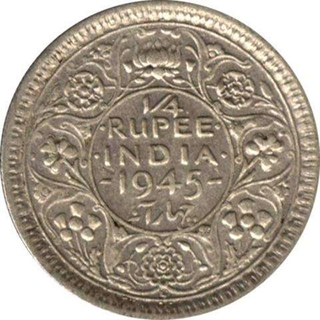 Silver Quarter Rupee Coin of King George VI of 1945.