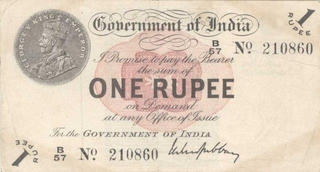 One Rupee Bank Note of King George V Signed by M.M.S. Gubbay of 1917.