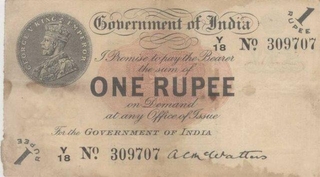 One Rupee Bank Note of King George V signed by A.C. McWatters of 1917.