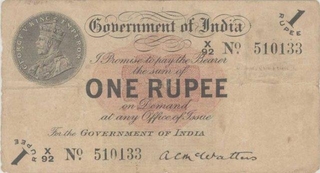 One Rupee Bank Note of King George V signed by A.C. McWatters of 1917.