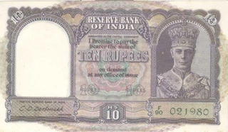 Ten Rupees Bank Note of King George VI Signed by C. D. Deshmukh of 1944.