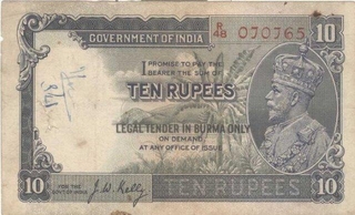 Ten Rupees Bank Note of King George V Signed by J W Kelly of Burma Issue.