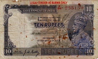 Ten Rupees Bank Note of King George V Signed by J W Kelly of Burma Issue.