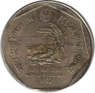 Copper Nickel Lakhi Error Two Rupees Coin of 1992 of Republic India.