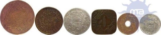 Hyderabad State, Mir Usman Ali Khan, 1911-1948, 4 Anna (2.9g,0.79mm, KM Y# 65), 2 Anna (Nickel, 1.5g, 0.61mm, KM Y# 64), 1/2 Anna (11.3g, 1.237mm, KM Y# 36), 2 Pai(3.6g, 0.8mm, KM Y# 46a), Anna (3.5g, X, KM Y# 49), 2 Pai (1.3g, 0.63mm, KM Y# 58), About Extremely Fine.