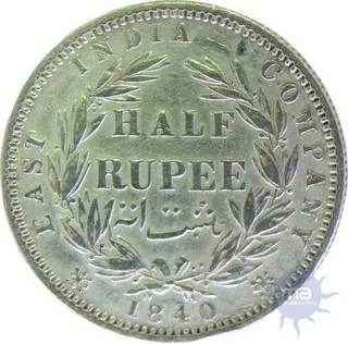 1840, Queen Victoria, Silver 1/2 Rupee.