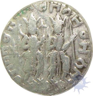 Silver Temple Token, Obv; Ram Darbar, Ram & Sita Seated on Throne, Laxman Holding Umbrella, Rev; Ram & Laxman walking right with bow & arrow, Gurumukhi Legend Around, 11.7g, 23.13mm, About Extremely Fine, Scarce.
