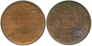 Copper Quarter Anna Coins of Victoria Queen of  Calcutta Mint of 1897 and 1901.