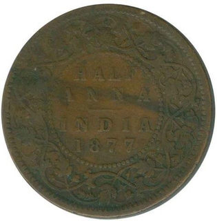 Copper  Half Anna Coin of Victoria Empress of Bombay Mint of  1877.