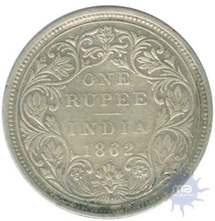 Silver One Rupee Coin of Victoria Queen of Bombay Mint of 1862.