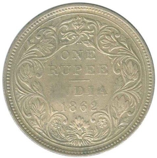 Silver One Rupee Coin of Victoria Queen of Bombay Mint of 1862.