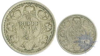 Silver Quarter Anna  and Two Annas  Coins of Calcutta Mint of  1915.