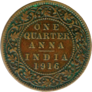 Bronze Quarter Anna Coin of King George V of 1916.