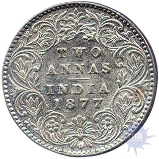 Silver Two Annas Coin of Victoria Empress of 1877.