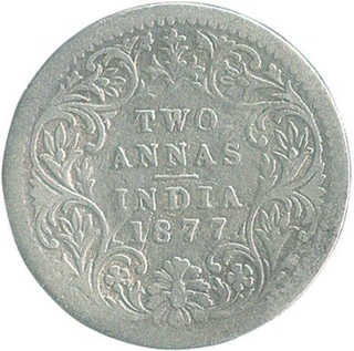 Silver Two Annas Coin of Victoria Empress of 1877.