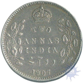 Silver Two Annas Coin of King Edward VII of 1907.