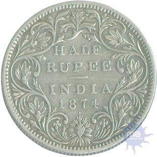 Silver Half Rupee Coin of Victoria Queen of 1874.