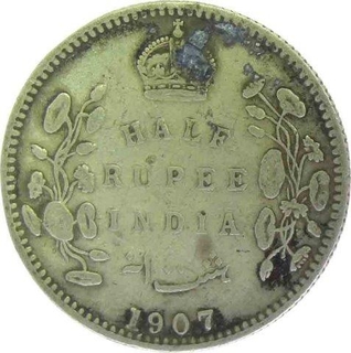 Silver Half Rupee Coin of King Edward VII of 1907.