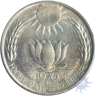 Silver Ten Rupees Coin of Food for All of 1970.