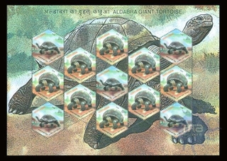 Aldabra Giant Tortoise of Complete Sheet let of Thirteen Stamps of 2008.