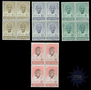 Ten Rupees White Gum of Gandhi of Complete Set Blocks of Four of Gandhi of 1948.