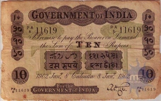 Ten Rupees Uniface Bank Note  of King Edward VII of  Signed by A F Cox  of 1902.