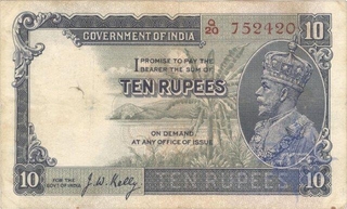 Rare Ten Rupee Bank Note of King George V of Signed by J W Kelly of 1933.