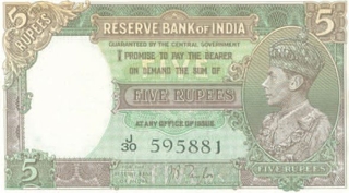 Five Rupees Bank  Note of King George VI Signed by J B Taylor of 1938.